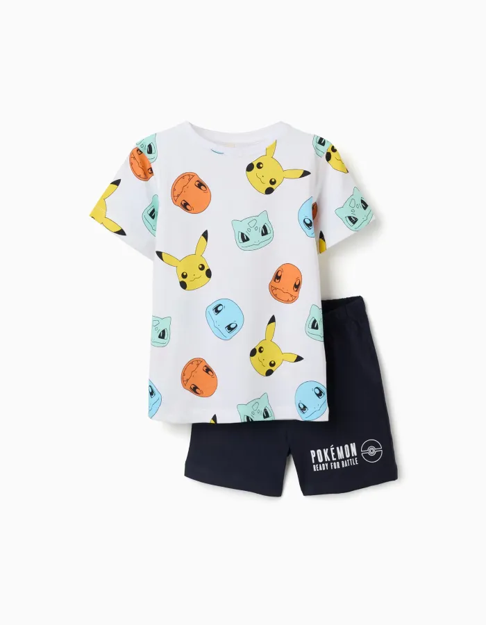 Short sleeve cotton pyjamas with Pokémon prints for boys, white/dark blue