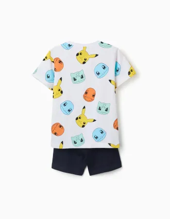 Short sleeve cotton pyjamas with Pokémon prints for boys, white/dark blue