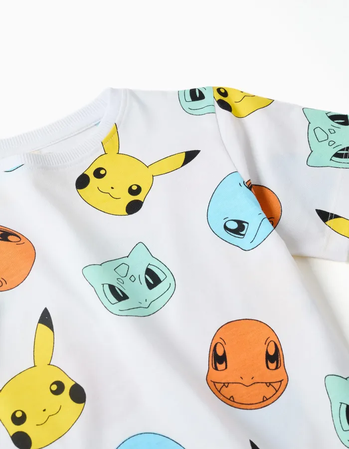 Short sleeve cotton pyjamas with Pokémon prints for boys, white/dark blue