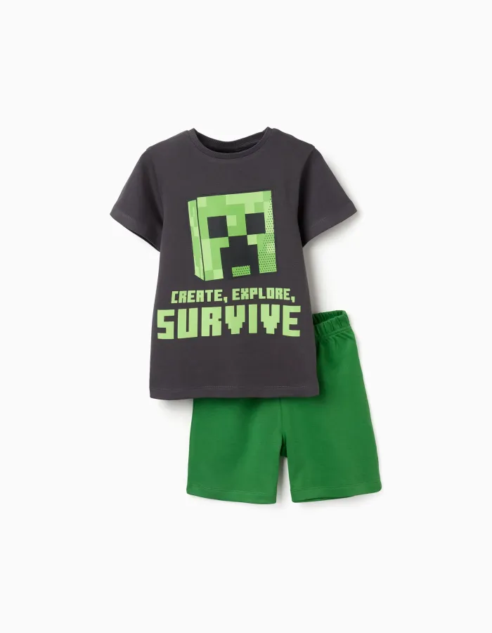 Cotton pyjamas with Minecraft print for boys, grey/green