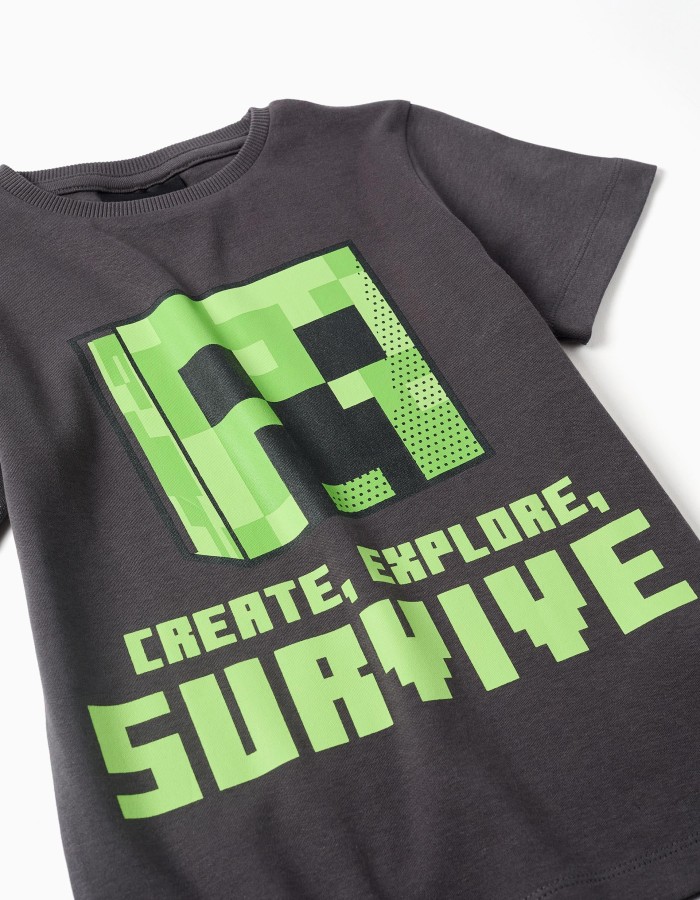 Cotton pyjamas with Minecraft print for boys, grey/green