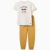 Short sleeve pyjamas with racing car print for boys, white/yellow