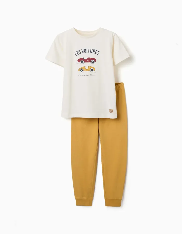 Short sleeve pyjamas with racing car print for boys, white/yellow