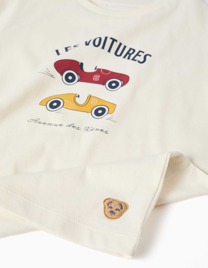 Short sleeve pyjamas with racing car print for boys, white/yellow