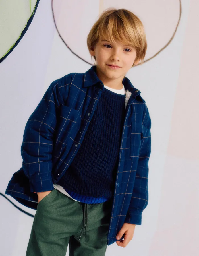 Flannel jacket with sherpa lining for boys, dark blue