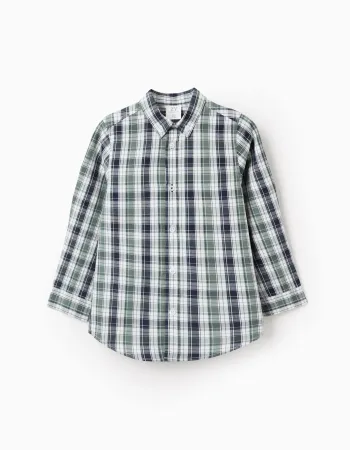Cotton Shirt with Check for Boys, Green/Dark Blue