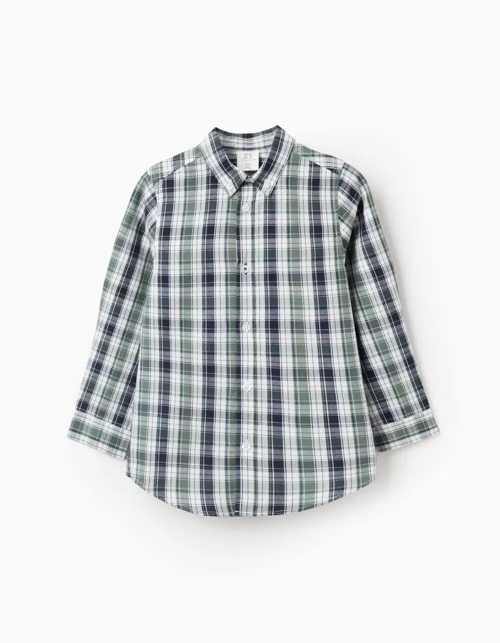 Cotton Shirt with Check for Boys, Green/Dark Blue