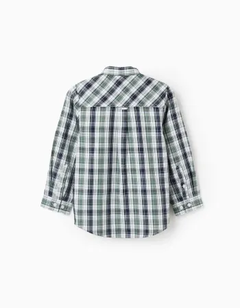 Cotton Shirt with Check for Boys, Green/Dark Blue