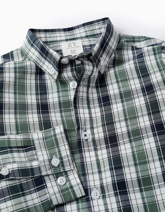Cotton Shirt with Check for Boys, Green/Dark Blue