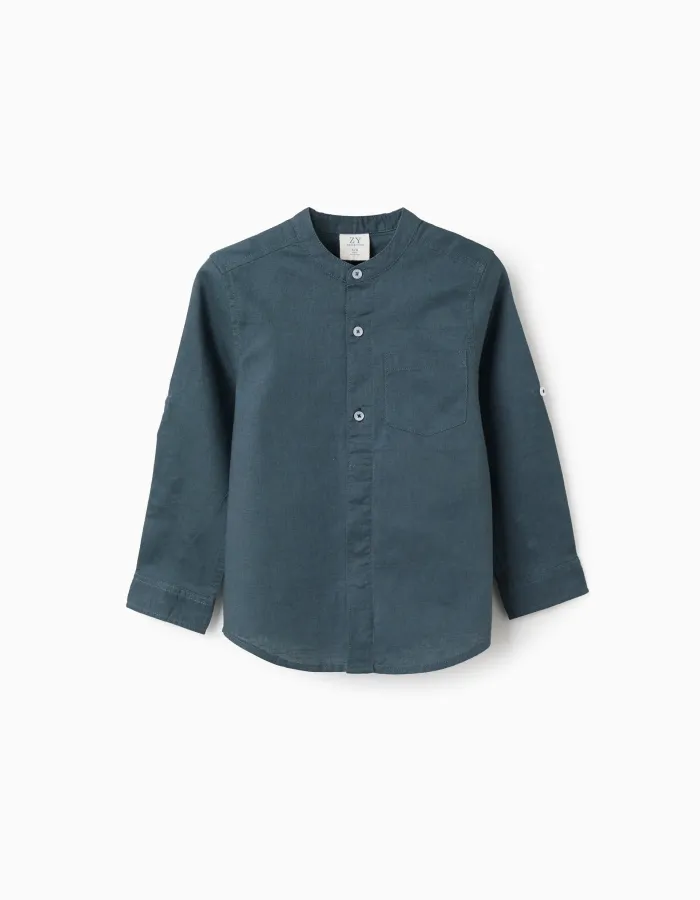 LS SHIRT LINEN MAO, DARK BLUE