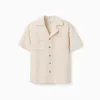 Cotton short sleeve shirt with chest pockets for boys, light beige