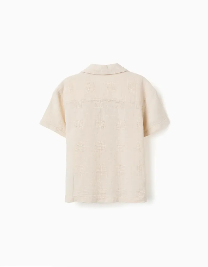 Cotton short sleeve shirt with chest pockets for boys, light beige