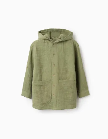 Long sleeve cotton shirt with hood for boys, khaki green