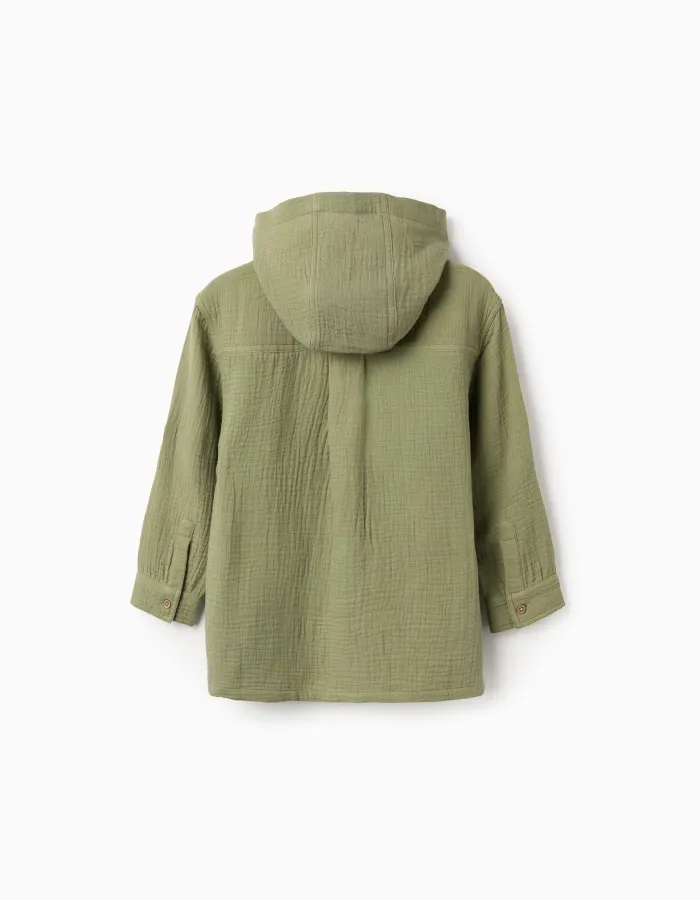 Long sleeve cotton shirt with hood for boys, khaki green
