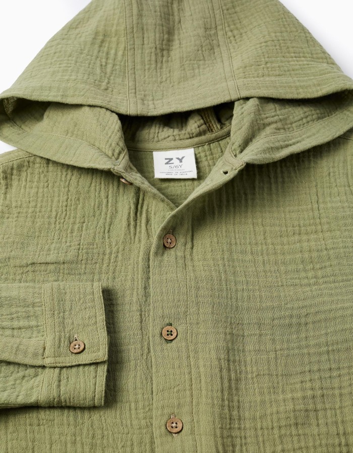 Long sleeve cotton shirt with hood for boys, khaki green