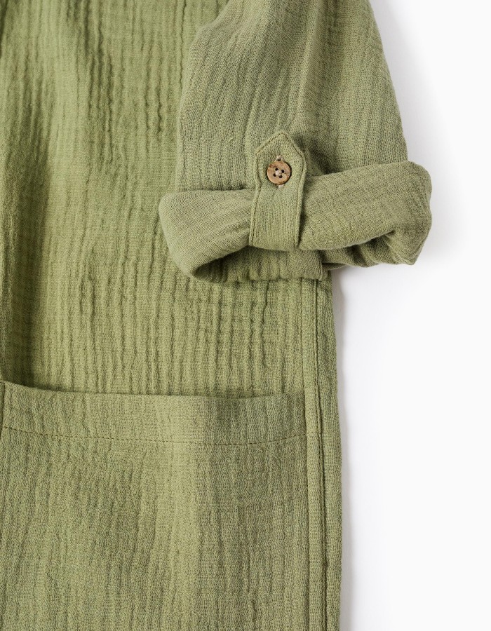 Long sleeve cotton shirt with hood for boys, khaki green