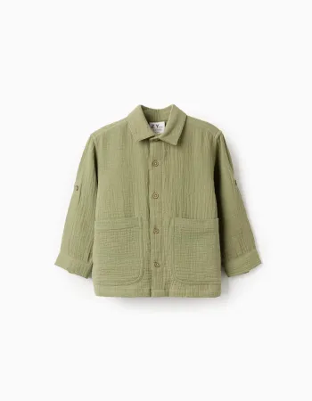 Long sleeve cotton bambula shirt with pockets for baby boys, dark green