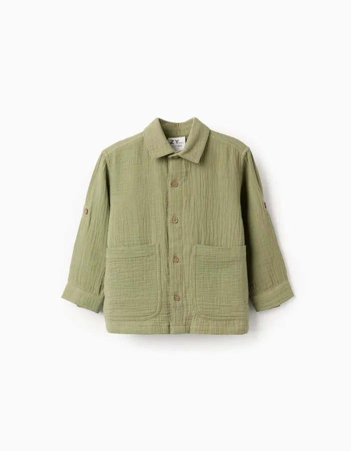 Long sleeve cotton bambula shirt with pockets for baby boys, dark green