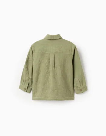 Long sleeve cotton bambula shirt with pockets for baby boys, dark green