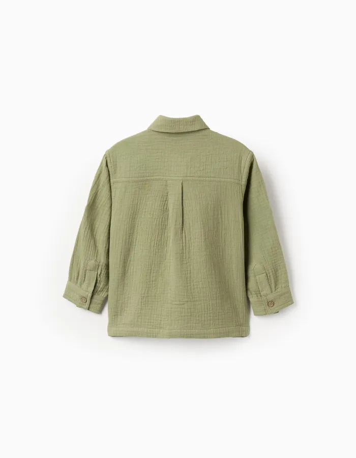 Long sleeve cotton bambula shirt with pockets for baby boys, dark green