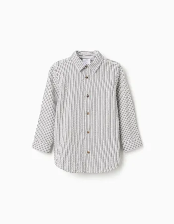 Long sleeve cotton shirt with stripes B&S for boys, white/grey