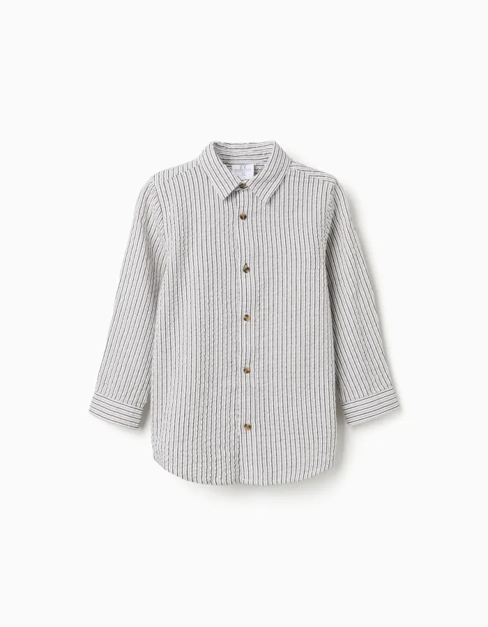Long sleeve cotton shirt with stripes B&S for boys, white/grey
