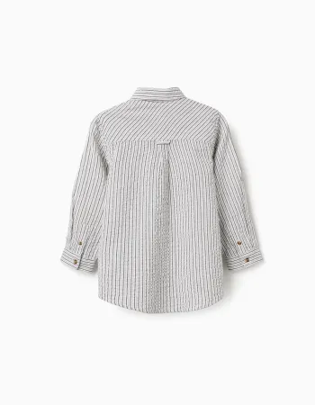 Long sleeve cotton shirt with stripes B&S for boys, white/grey