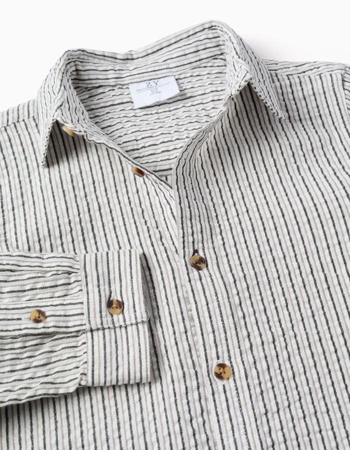 Long sleeve cotton shirt with stripes B&S for boys, white/grey