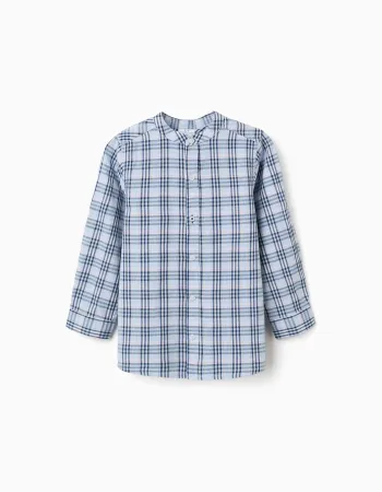 Cotton checked shirt with roll-up sleeves B&S for boys, blue