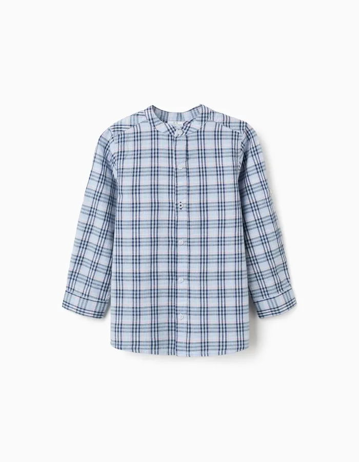 Cotton checked shirt with roll-up sleeves B&S for boys, blue