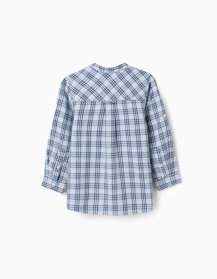 Cotton checked shirt with roll-up sleeves B&S for boys, blue