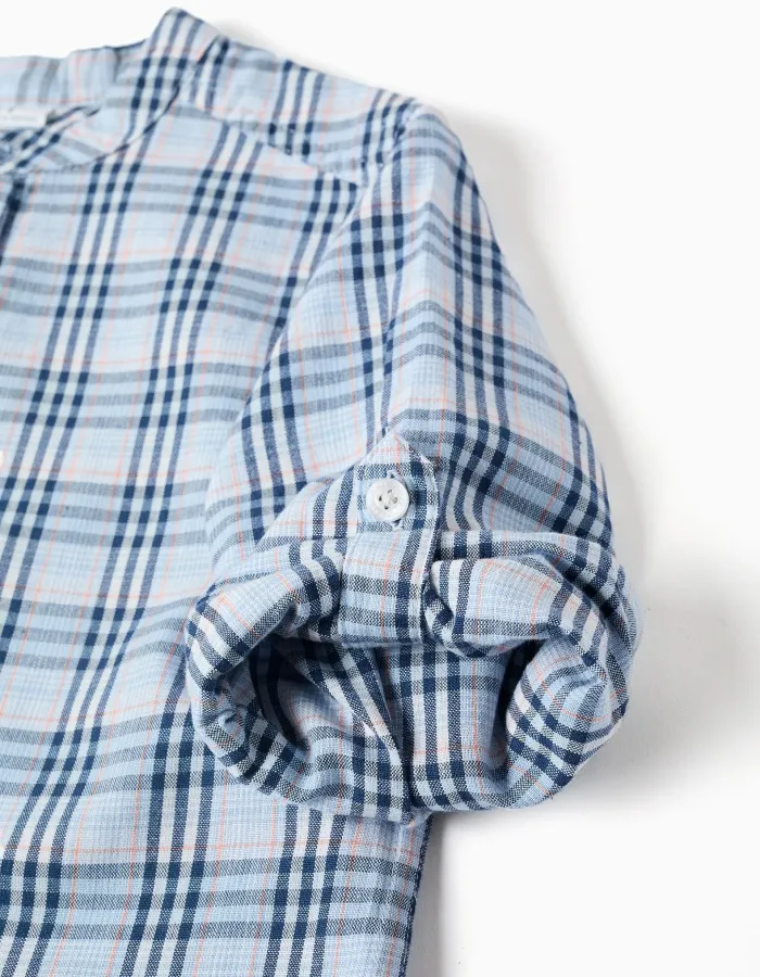 Cotton checked shirt with roll-up sleeves B&S for boys, blue
