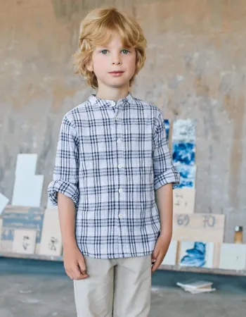 Cotton checked shirt with roll-up sleeves B&S for boys, blue