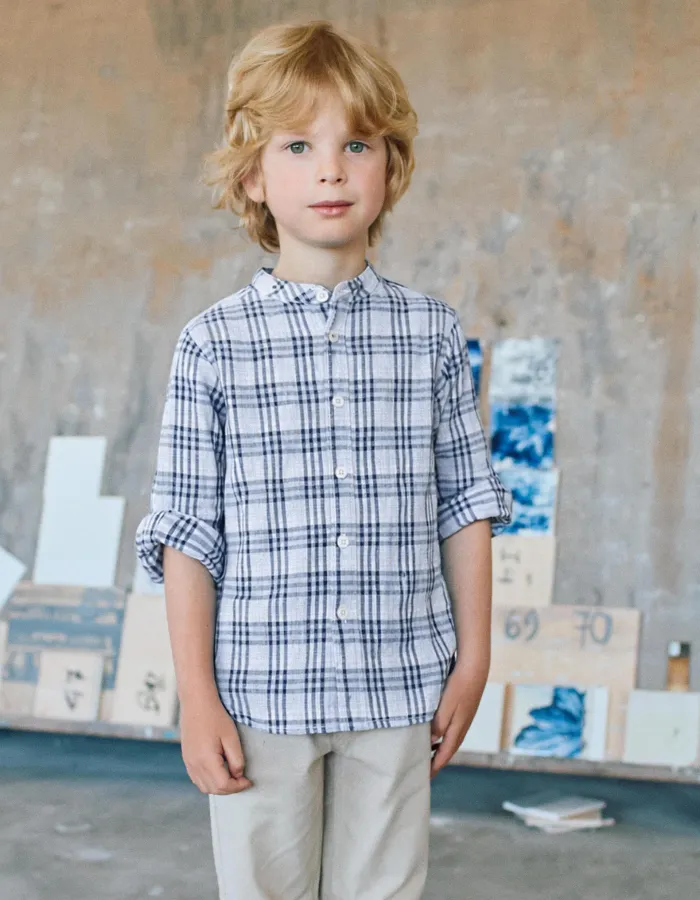 Cotton checked shirt with roll-up sleeves B&S for boys, blue