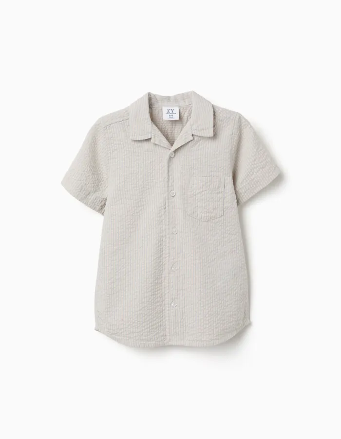 Short sleeve cotton shirt with stripes for boys, beige/blue