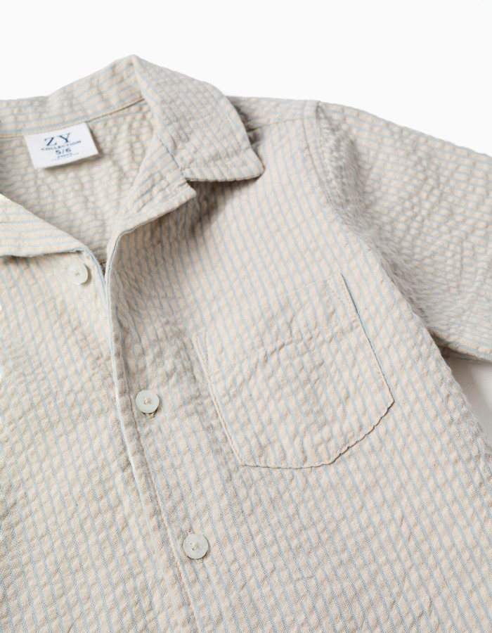 Short sleeve cotton shirt with stripes for boys, beige/blue