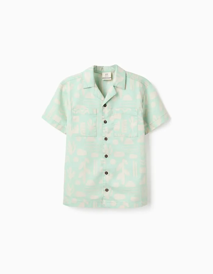 Boys' Beach Motif Short Sleeve Shirt, Green