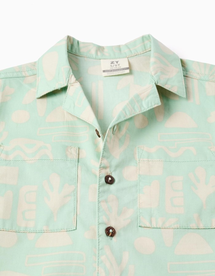 Boys' Beach Motif Short Sleeve Shirt, Green