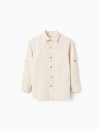 Long sleeve striped shirt in linen for boys, light beige