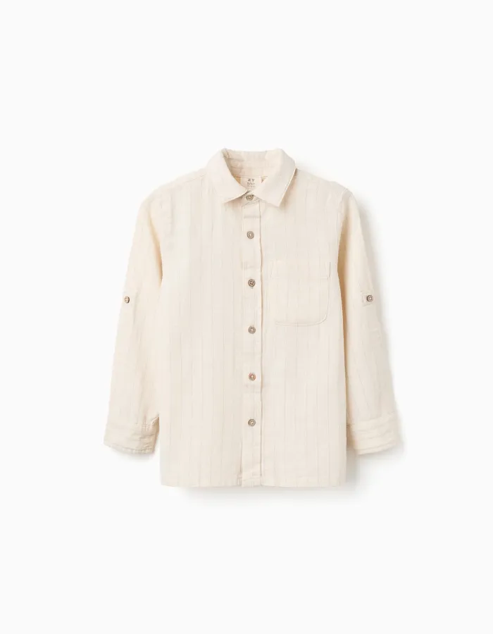 Long sleeve striped shirt in linen for boys, light beige
