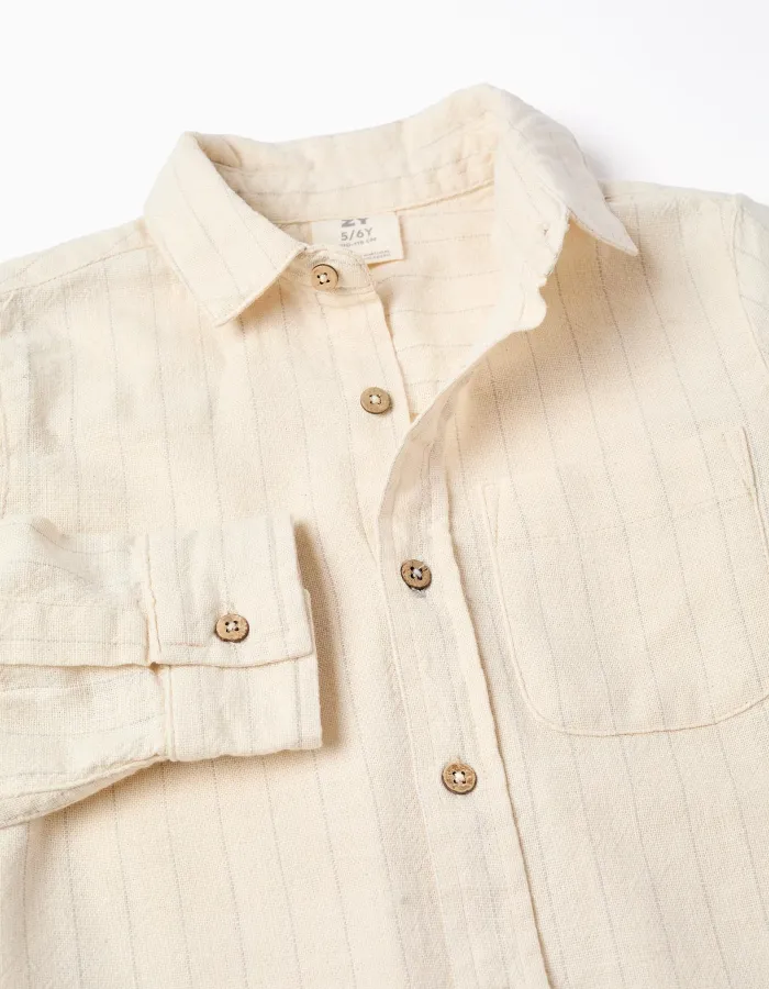 Long sleeve striped shirt in linen for boys, light beige