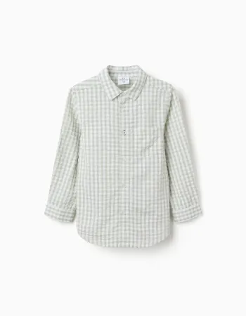 Long sleeve cotton shirt with Vichy pattern B&S for boys, white/green