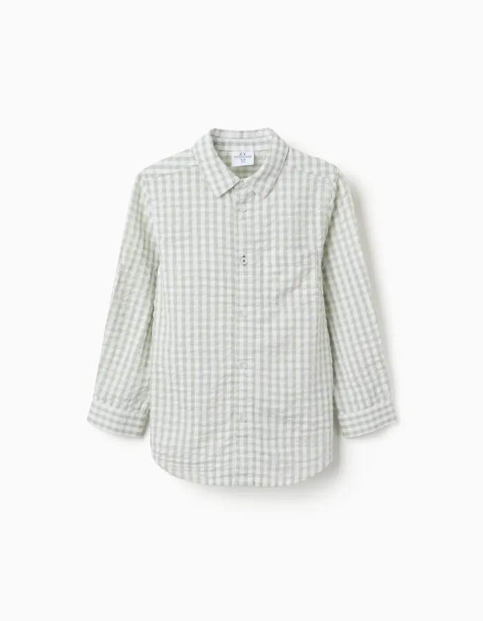 Long sleeve cotton shirt with Vichy pattern B&S for boys, white/green