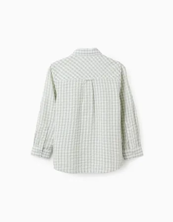Long sleeve cotton shirt with Vichy pattern B&S for boys, white/green