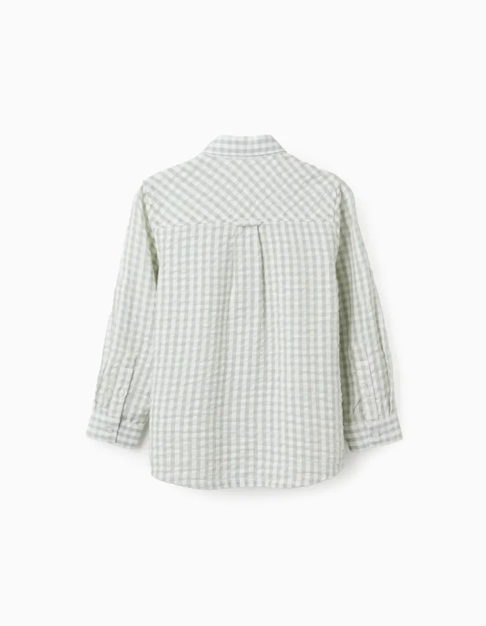 Long sleeve cotton shirt with Vichy pattern B&S for boys, white/green