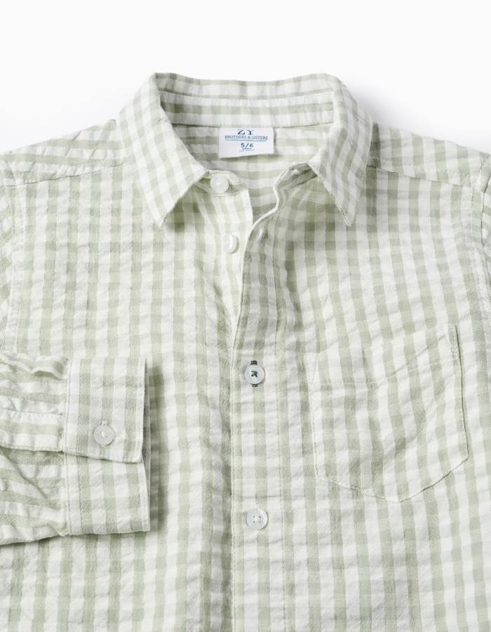 Long sleeve cotton shirt with Vichy pattern B&S for boys, white/green