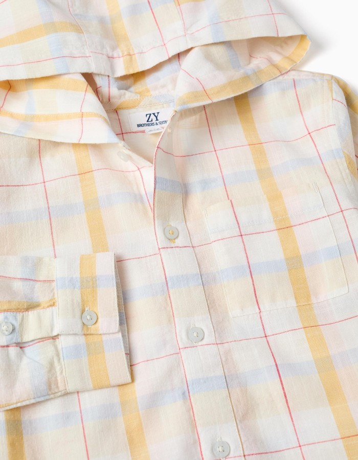 Checked cotton shirt with hood B&S for boys, white/yellow/blue/red