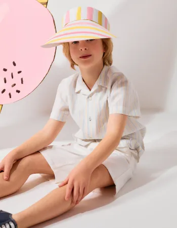 Short sleeve cotton shirt with stripes B&S for boys, white/yellow/blue
