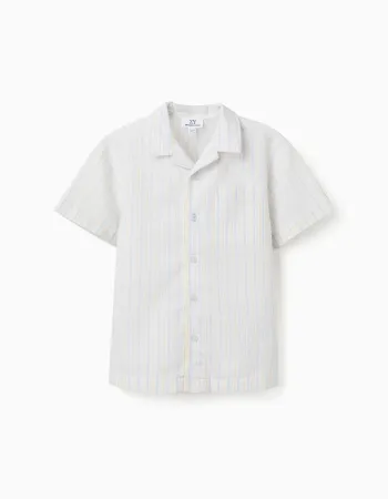 Short sleeve cotton shirt with stripes B&S for boys, white/yellow/blue
