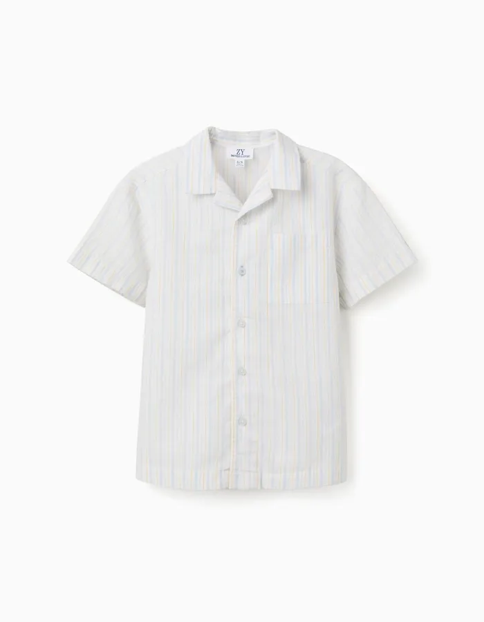 Short sleeve cotton shirt with stripes B&S for boys, white/yellow/blue